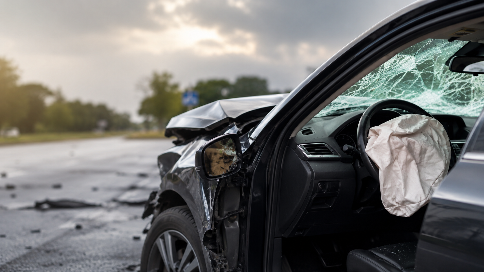 Close-up crash damage showing car accident evidence, fault, liability, damages, and attorney review for a serious claim.